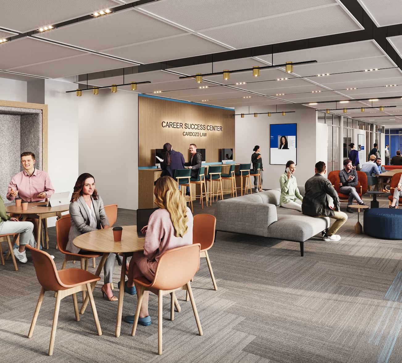 architectural rendering shows people sitting and talking in a career services center at the university